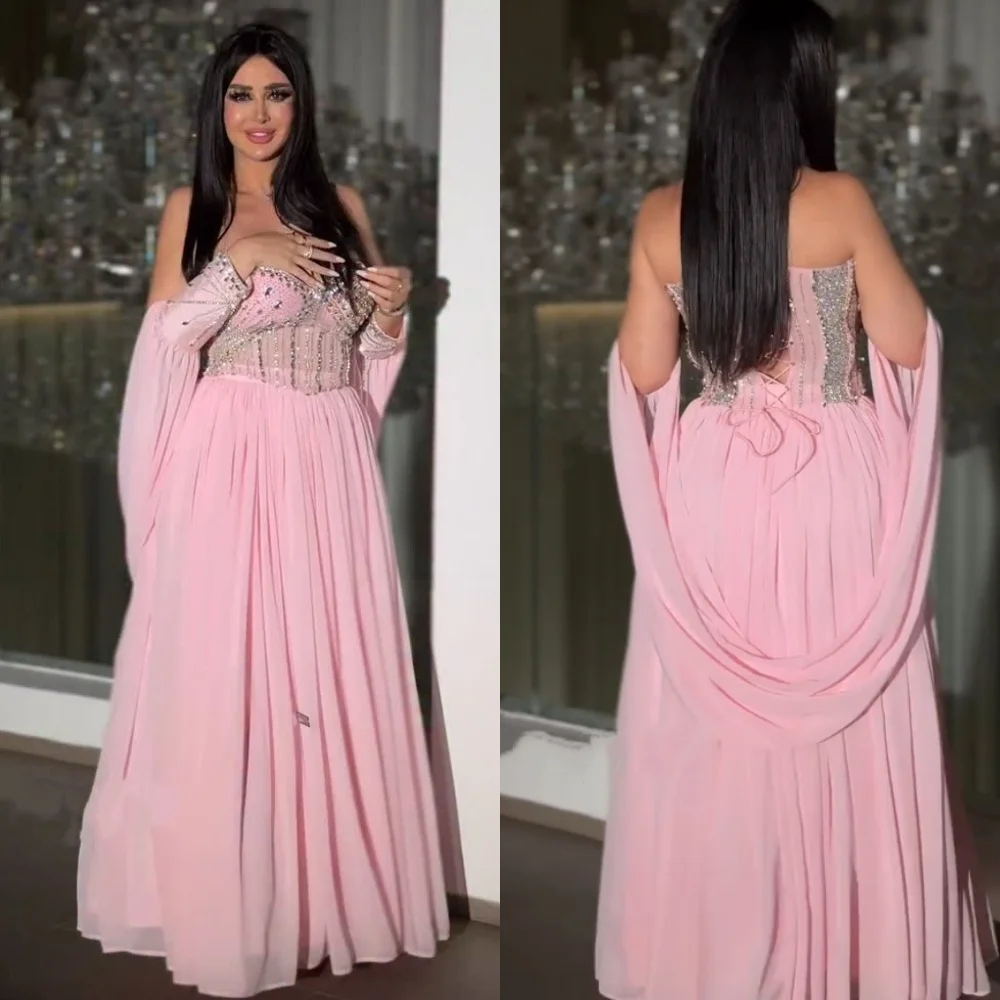 

Шифоновые плиссированные стразы на шнуровке с вырезом в форме сердца, длинные платья трапециевидной формы, на заказ, роскошные вечерние платья для выпускного вечера