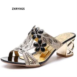 2024 New Summer High Quality Microfiber Rhinestones Slippers Fashion Sandals Ladies Sexy Outer Wear Middle Heels Women Sandals