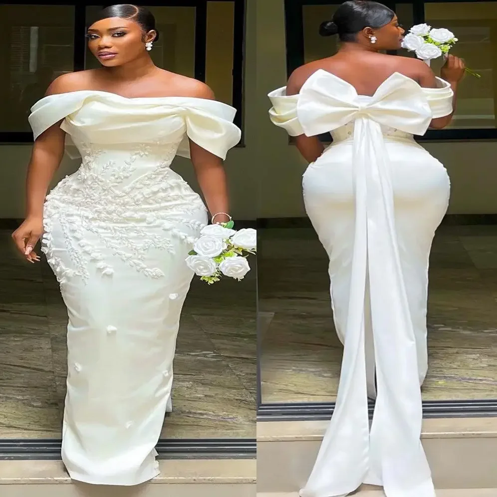 Customized Luxury Plus Size Vintage Off The Pleat Lace Applique Seath Mermaid Wedding Dresses Back Bow Vestido De Noival