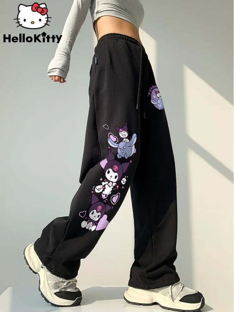 Sanrio Cute Kuromi Black Wide Leg Pants For Women\'s New High Waist Casual Strap Sports Pants Hip Hop 2000s Aesthetic Trousers