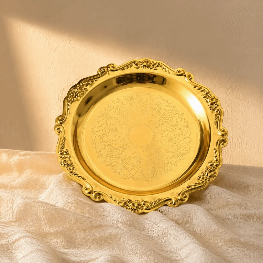 2pcs Golden Color Metal Serving Plate 4 Inch Diameter Carved Edge Fruit Decorative Plate Vintage Style Dessert Cake Dish