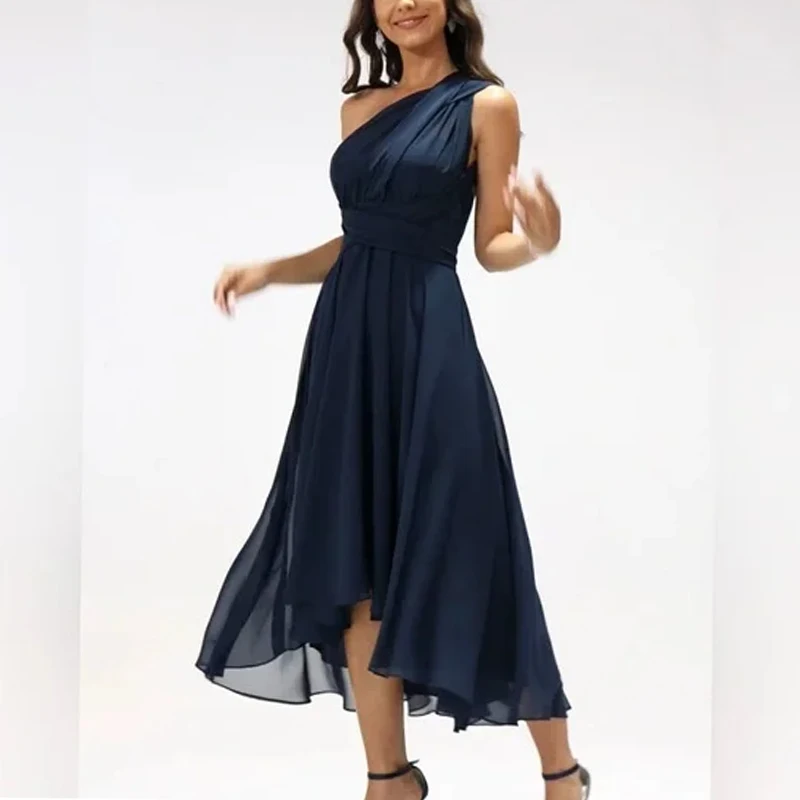 

Elegant A-Line One Shoulder V-Neck Asymmetrical Chiffon Cocktail Dress Sexy Chiffon Bridesmaid Dresses Tea-Length Evening Gowns