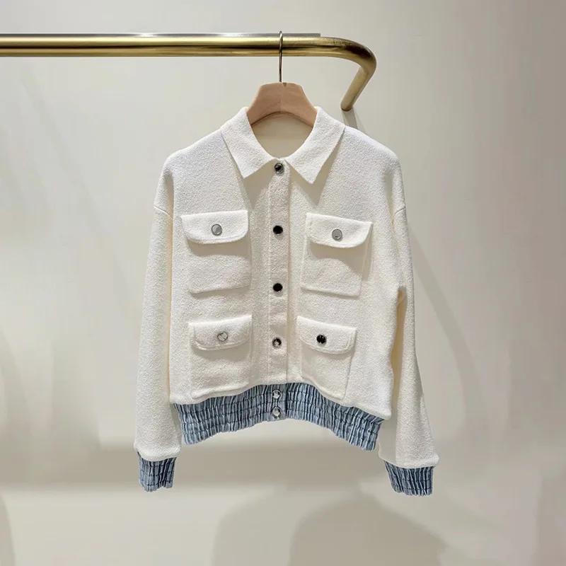 2026 Early Spring French Niche Multi-Pocket Polo Collar Patchwork Denim Hem Waist Cinched Metal Buckle Jacket Women