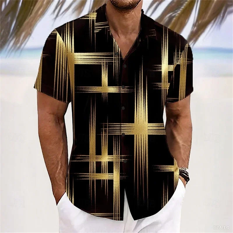 Men's Geometric 3D Printed Lapel Short Sleeve Casual Fashion Shirt Summer Outdoor Vacation Hawaiian Shirt