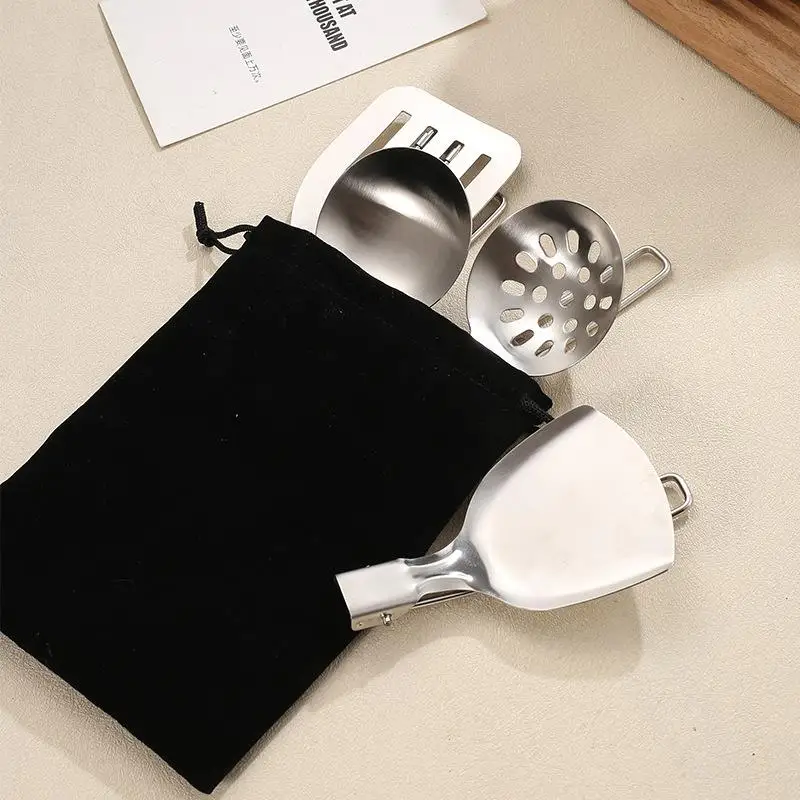 【New】Stainless Steel Folding Spatula Spoon Shovel Food Turner Fold Spoon Outdoor Camping BBQ Cooking Compact Tableware