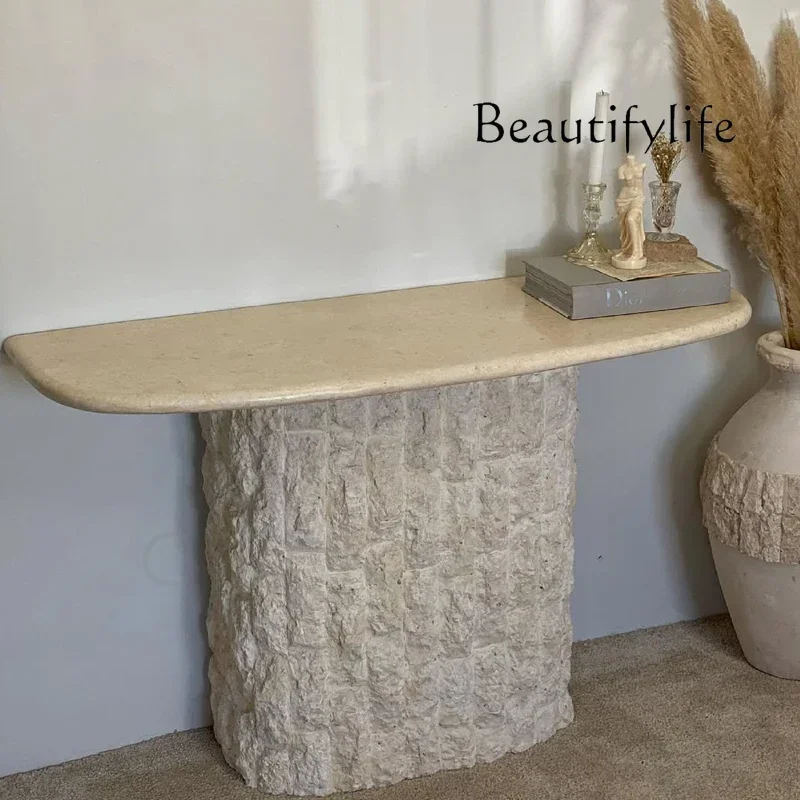 

N40 Wabi Sand Wind Creative Natural Travertine Entrance Table Designer Villa Home Living Room High-end Marble Desk