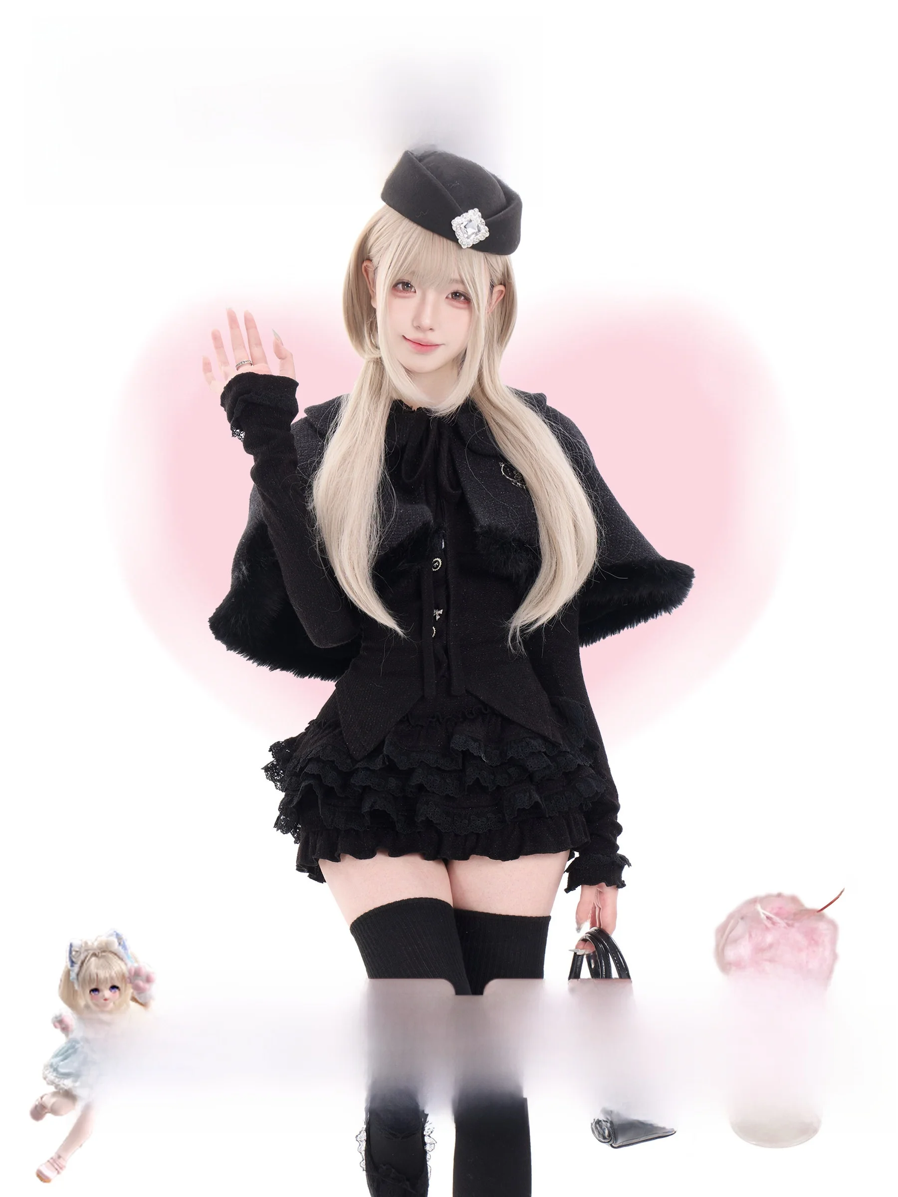 

Gothic Sle Knitted Bla Top And Skirt Set for Girls ort Coat Stand Fit Law Miss Bla Lace Design Velvet Material