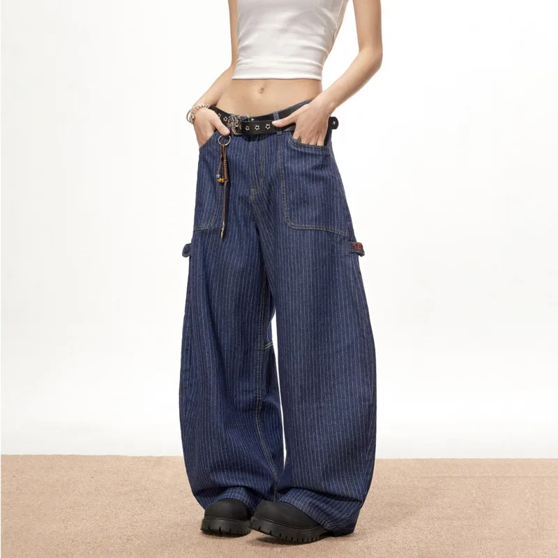 

Полосатые потертые винтажные джинсы для женщин, повседневные универсальные широкие брюки, модные брюки-карго с изогнутыми лезвиями и несколькими карманами