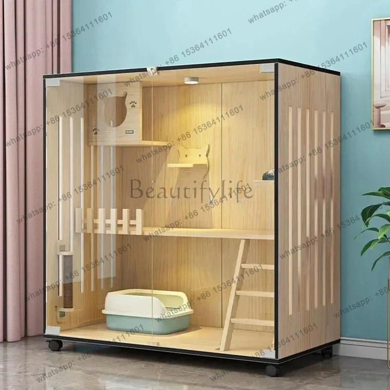 Household Solid Wood Cat Cages Luxury Large Cat Villa Waterproof Cat House Pet Shop Panoramic