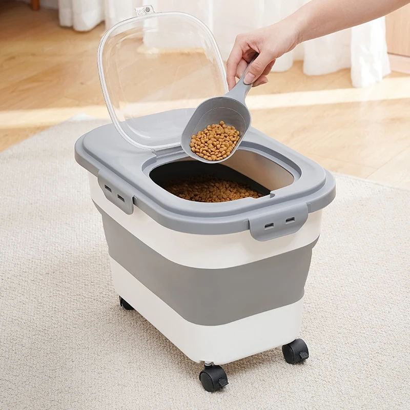 Imagem -05 - Multifuncional Dobrável Cat Food Bucket on Wheels Umidade Proof Box Recipiente Snack Dog com Tampa Clara Pet Shop