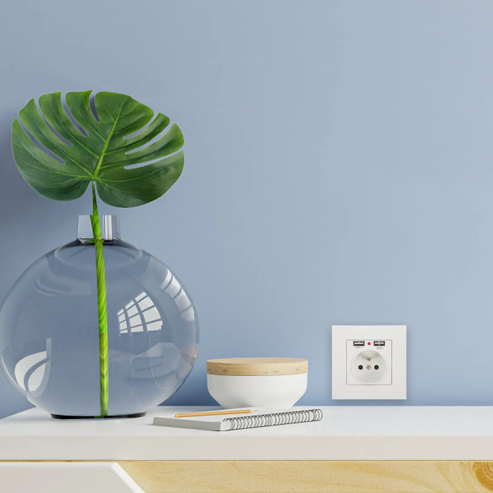 86 Type Panel Socket with Dual USB Charging Ports and Two Prong European Wall Outlet for Mobile Tablet Power Supply in Hotels