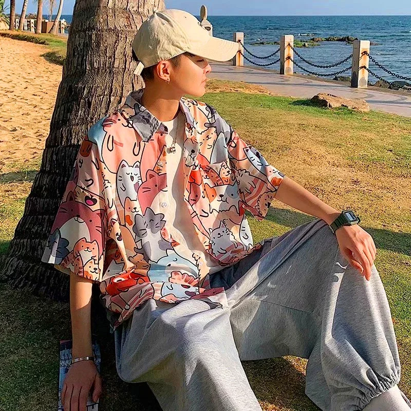 Camisa con estampado de gato de dibujos animados para hombres y mujeres, blusa con botones, ropa de playa hawaiana, ropa japonesa Harajuku coreana,