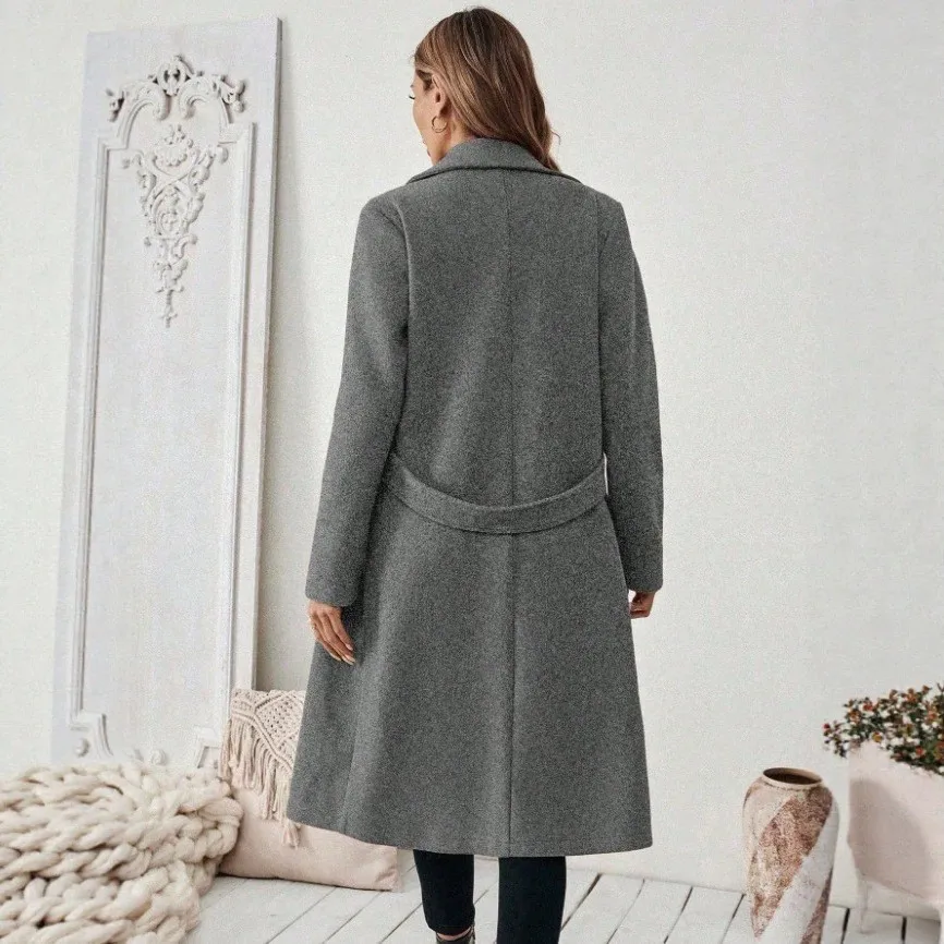 Pocket V Neck Coat Regular Fit Commuter with Double Breasted Professional Extended Length Elegant Long Sleeve Winter Women Coat