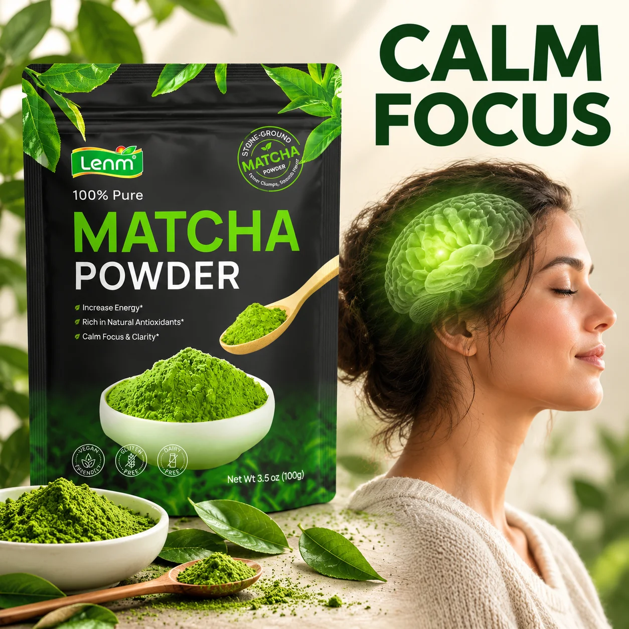 Organic Matcha Green Tea Powder,Supports Steady Energy & Calm Mental Focus,Stone-Ground Pure Tea with Natural Antioxidants, 100g
