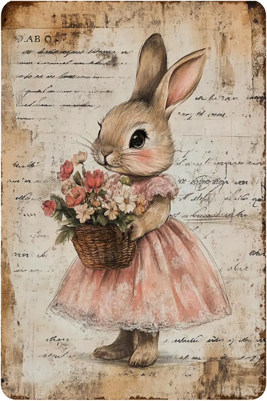 Snowsun Easter Retro Sign Vintage Tin Rabbit Metal Decor for Home Bar Living Room Wall