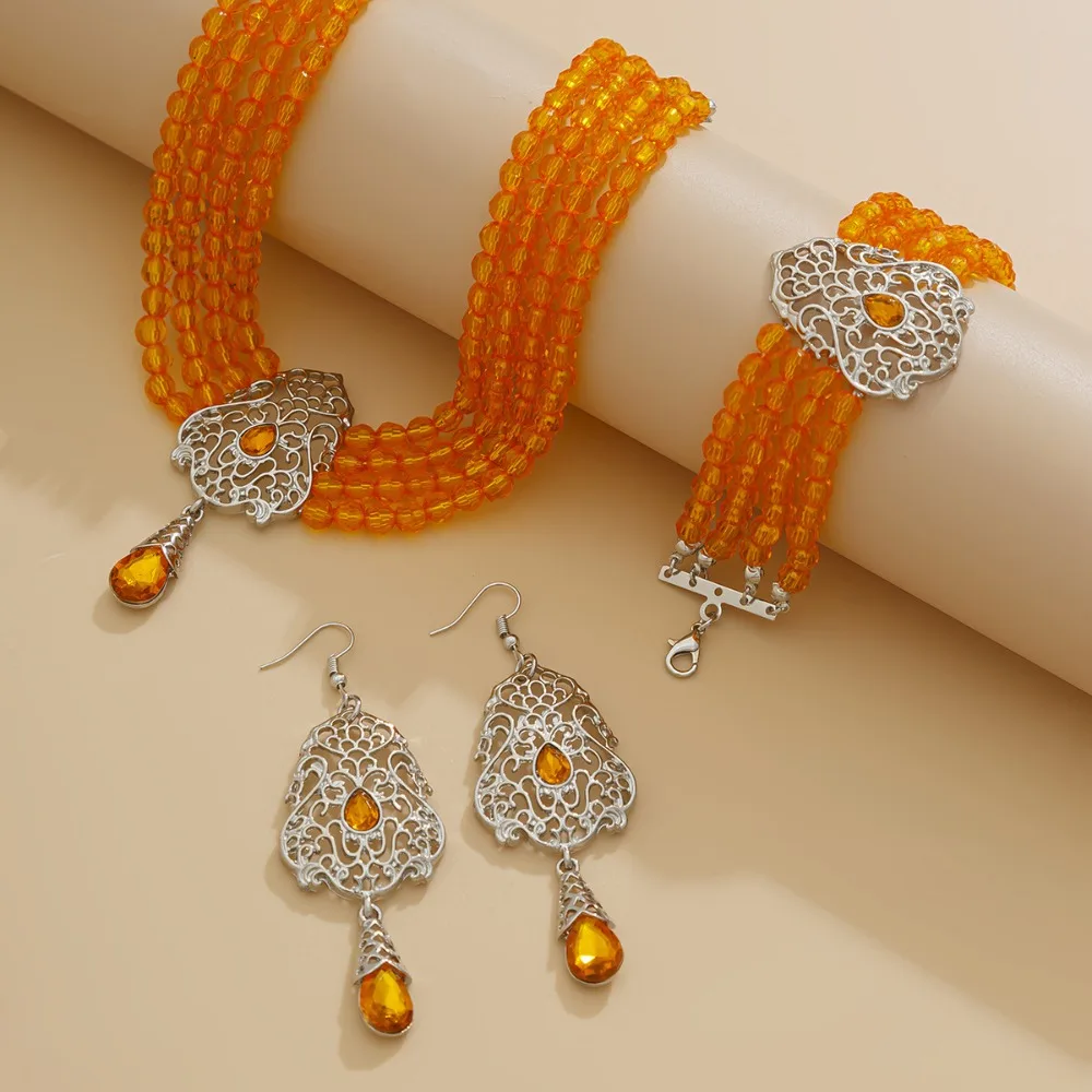 Baroque Style Bridal Tassel Drop Earrings Multilayer Shiny Necklace Earring Set Rhinestones Elegant Bridal Jewelry Set