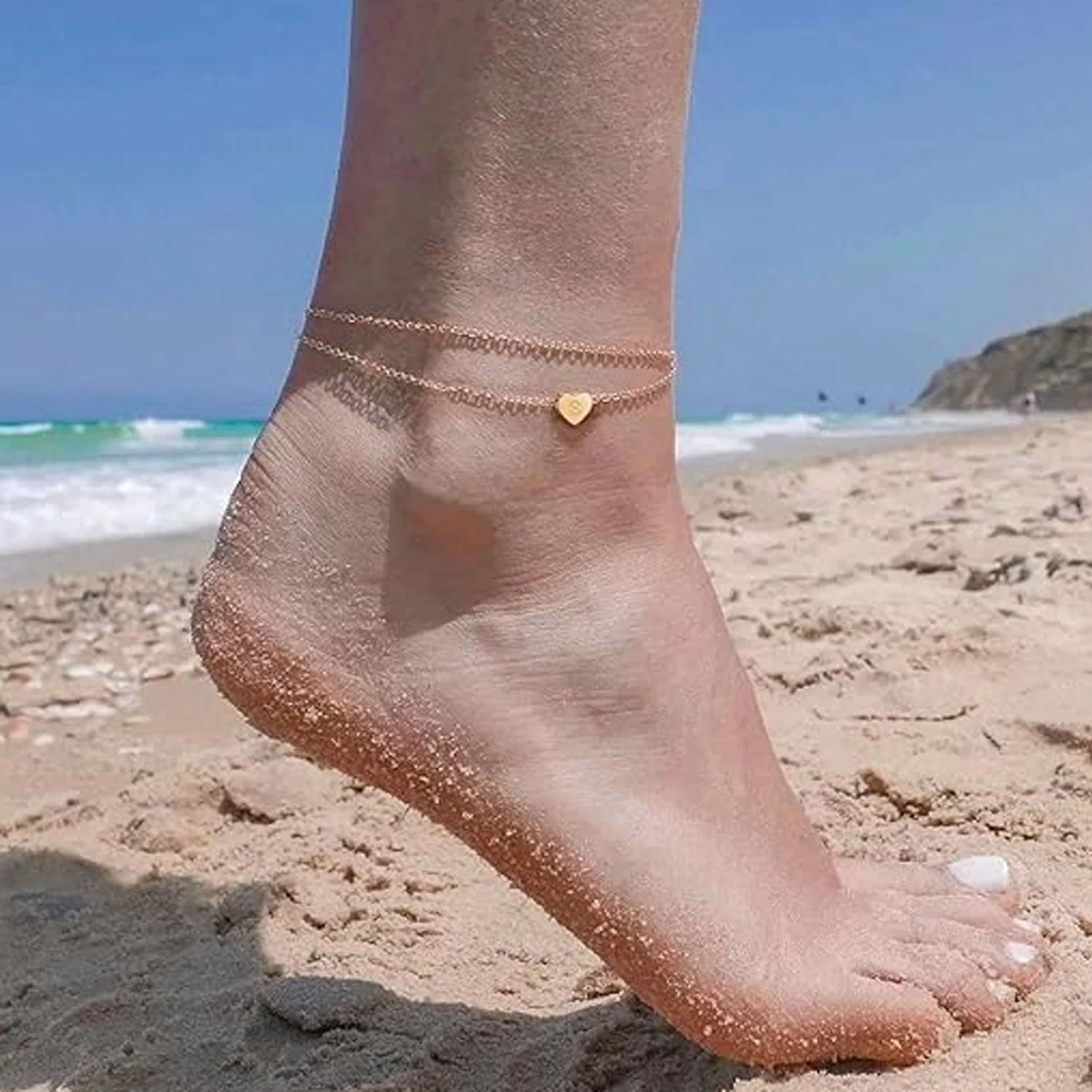 Custom Initial Heart Anklet Double Layer Gold Chain Personalized Letter Bracelet Sexy Glamour Style Women Summer Jewelry Gifts