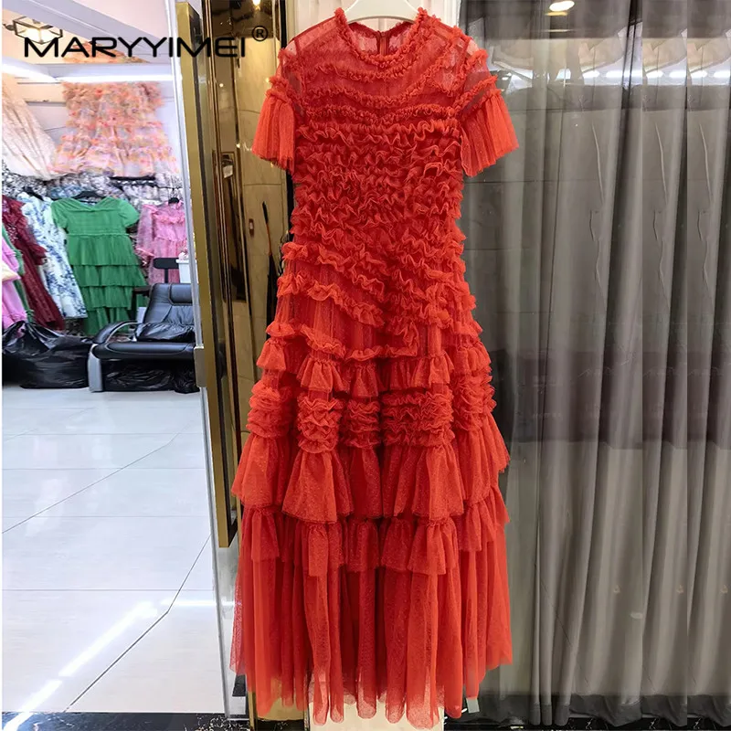 MARYYIMEI Fashion Designer spring Summer Women's O-Neck Short-Sleeved Mesh Splicing Edible Tree Fungus edge Elegant Dresses