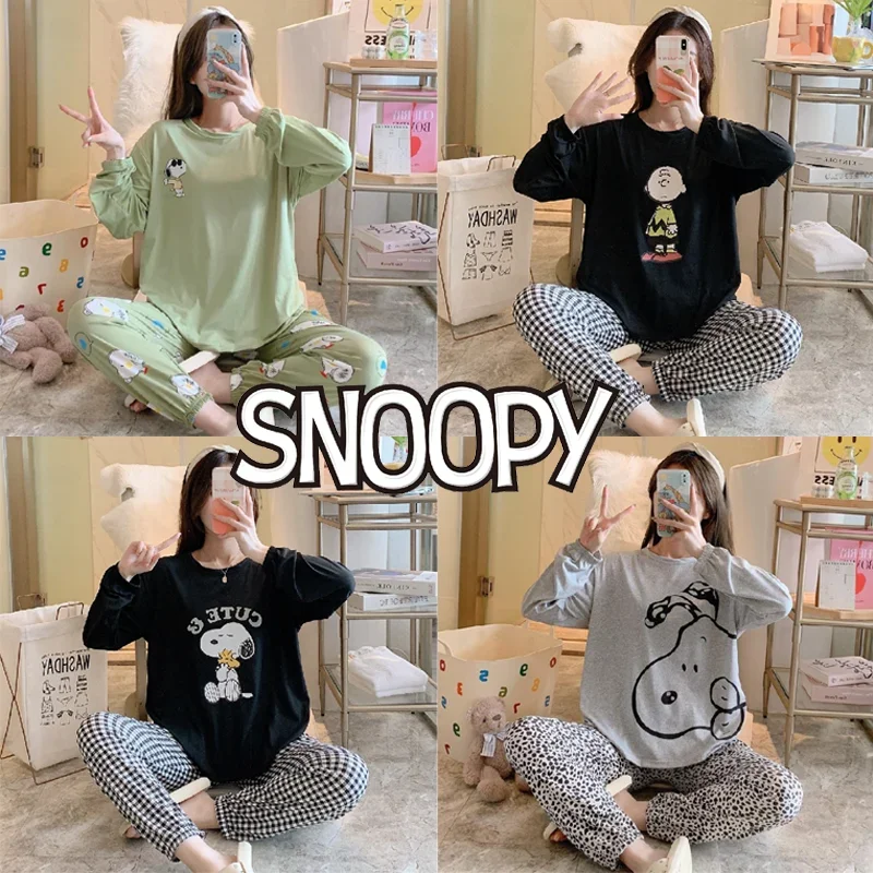 

Snoopy Pajamas Fashion Women Spring Autumn Long Sleeve Sleepwear Cartoon Casual Ladies Round Neck Homewear Nightwear Set
