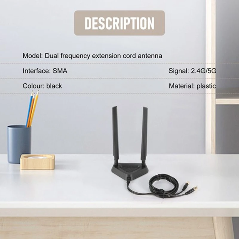 2.4G/5G Dual Frequency Extension Cable Antenna Wifi Router Wireless Network Card 8Db Sma Antenna Magnetic Suction Black 1 Piece