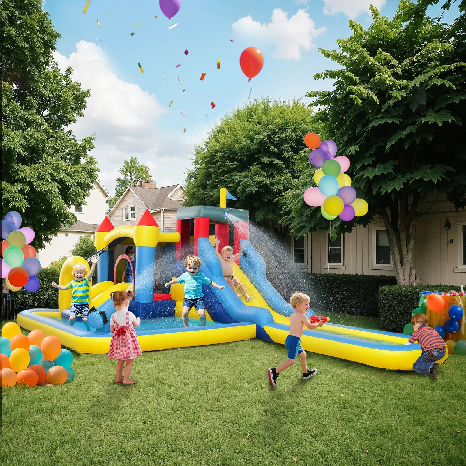 

6 in 1 Inflatable Water Slide Park with 550W Blower for Kids 3-8 Years