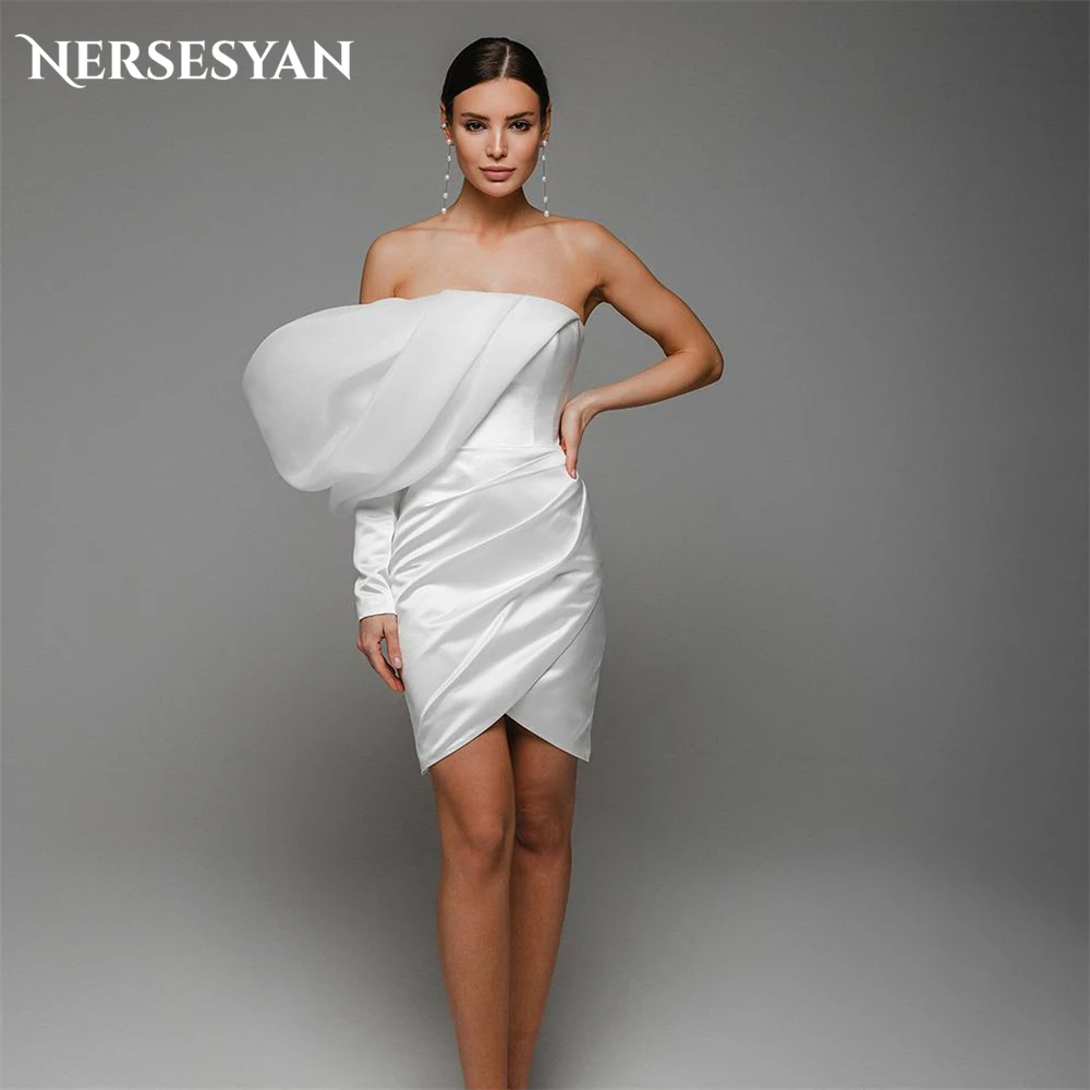 

Nersesyan Modern Solid Mini Wedding Dreses Ruched One Shoulder Pleats Satin Bridal Gowns Backless Off Shoulder Bride Dress 2024