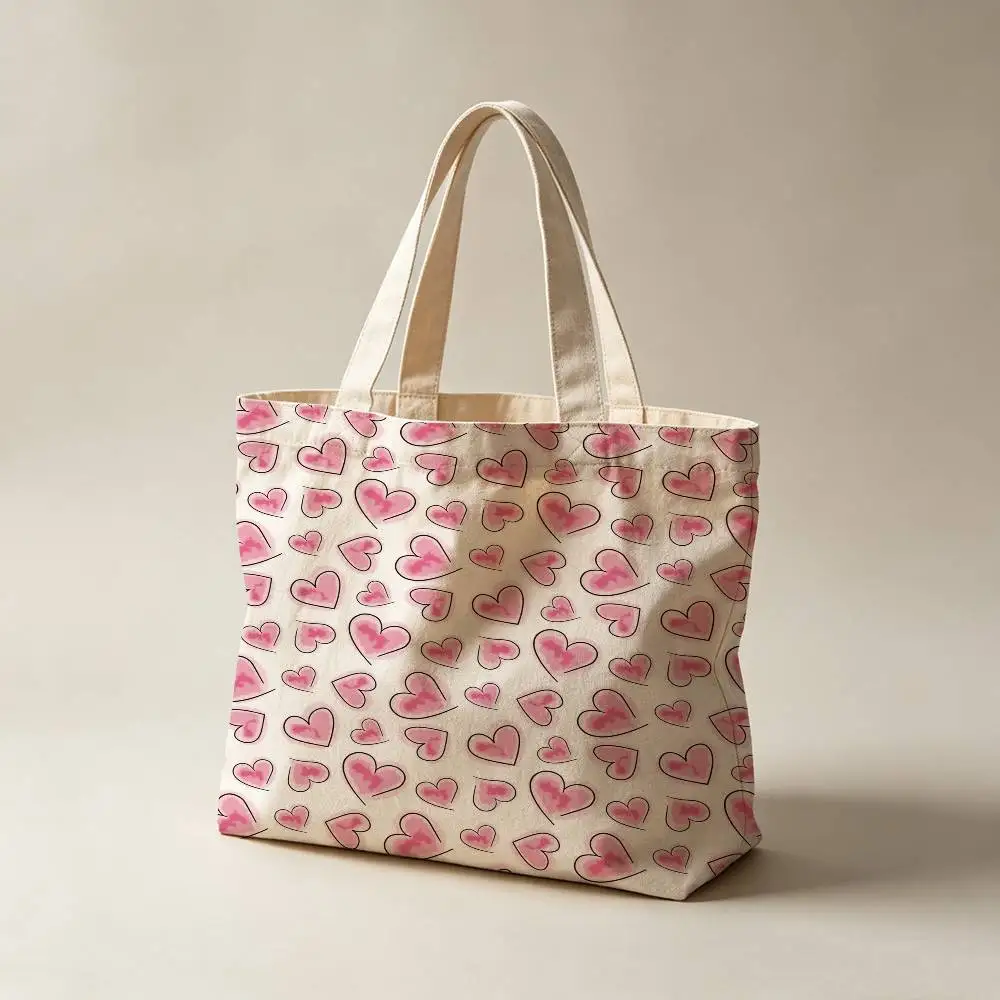 Fashion Heart Love Canvas Tote Bag Waterproof Lining Large Capacity Reusable Shopping Bags Casual Student Daily Handbag