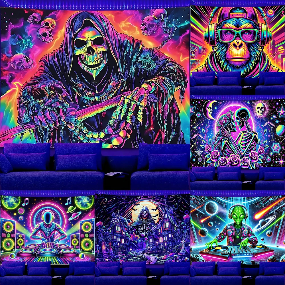 Glow-in-the-dark Tapestries with Alien, Skeleton & Monkey Designs UV reaction tapestry background decoration  party decoration