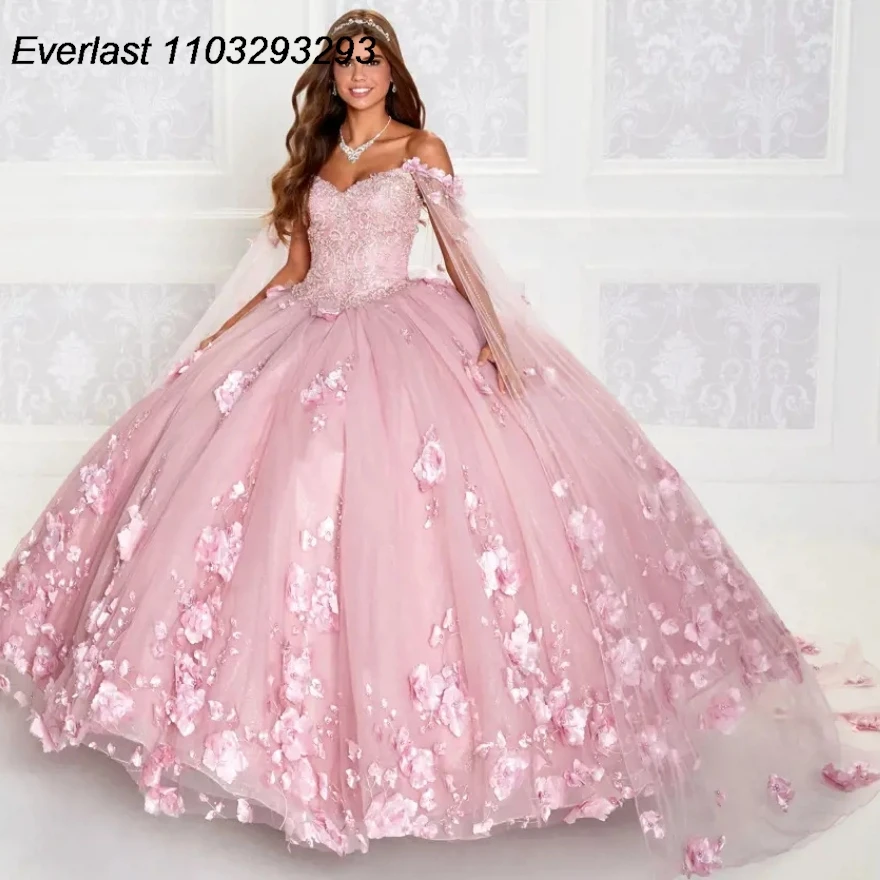 

Блестящее розовое платье EVLAST для Quinceanera, бальное платье, 3D цветочное кружево, аппликация, бисер, с накидкой, корсет, милое 16 Vestido 15 лет TQD198