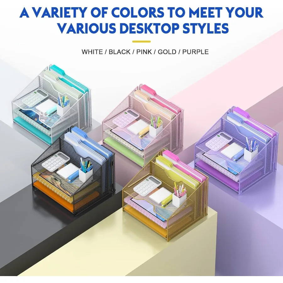 Gold Desk File Organizer with Mesh Letter File Folder Holder 3 Paper Trays and 2 Vertical Upright Sections for Efficient Office