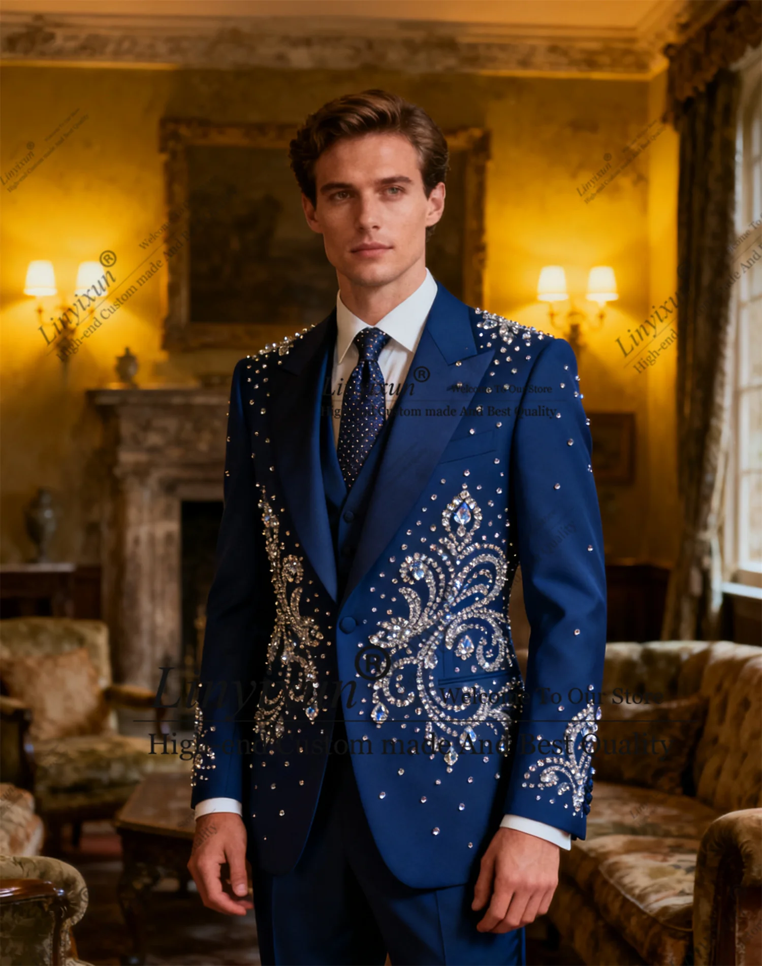 

Элегантные приталенные мужские костюмы, комплекты из 3 предметов, мужские пиджаки для жениха, индивидуальные стразы, бисерные деловые свадебные смокинги Ropa hombre