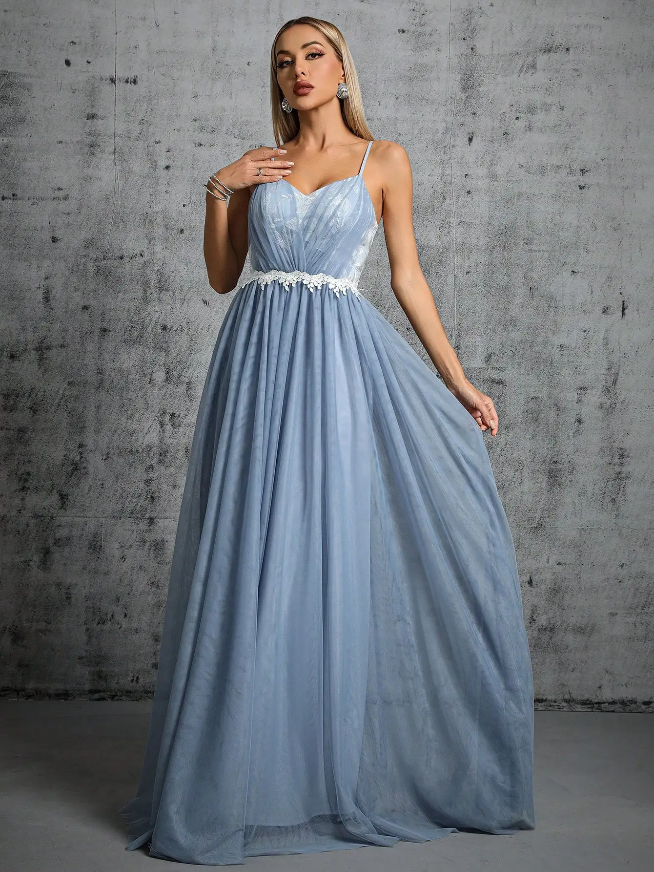 Mgiacy Halter mesh cross folding lace contrasting long dress Evening gown Ball dress Party dress Bridesmaid dress