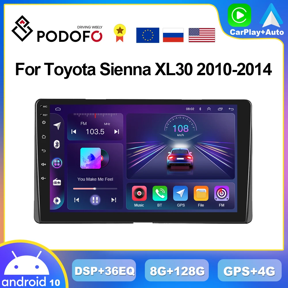 

Podofo 8G+128G CarPlay Android Radio For Toyota Sienna XL30 2010-2014 Car Multimedia Player 4G GPS Stereo HiFi DSP RDS Head Unit