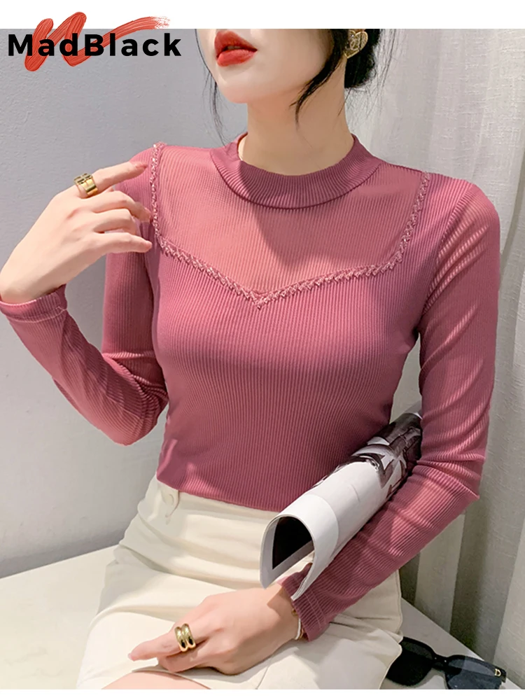 MadBlack European Clothes Tshirt Women Sexy Round Collar Hand Made Beaded Slim Long Sleeve Office Tees Autumn Spring T38058JD