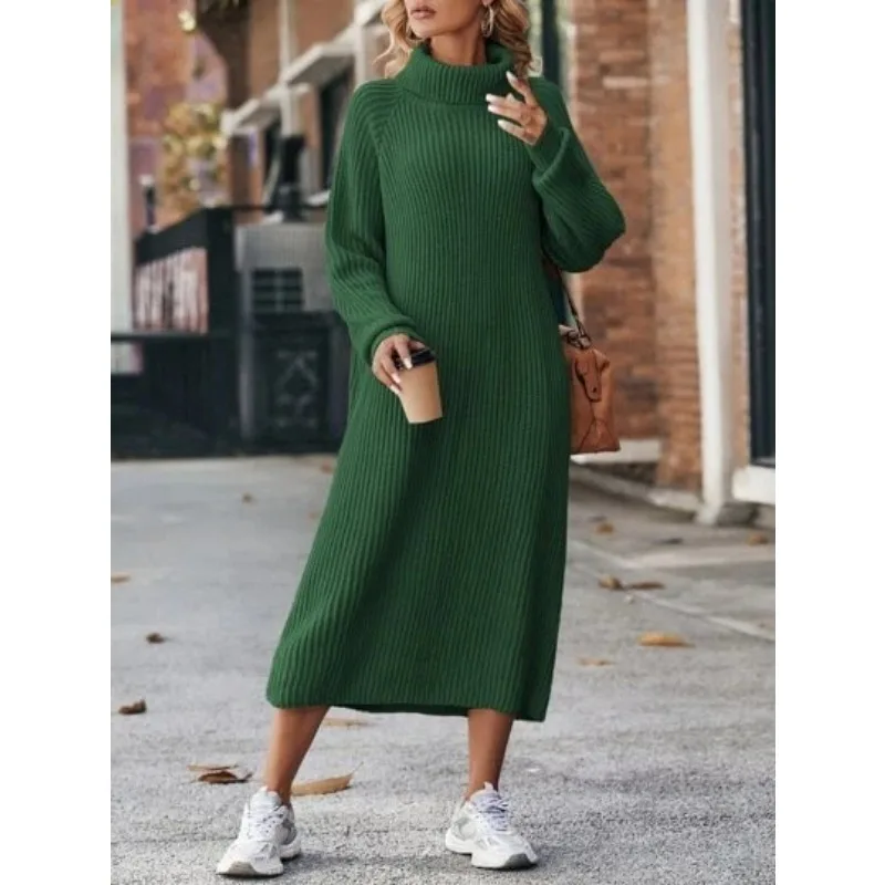 Women Solid Color Loose High Collar A Long Sweater 2023 Autumn Winter New Dress Sweater Women Long Sleeve Knitted Dress Sweater