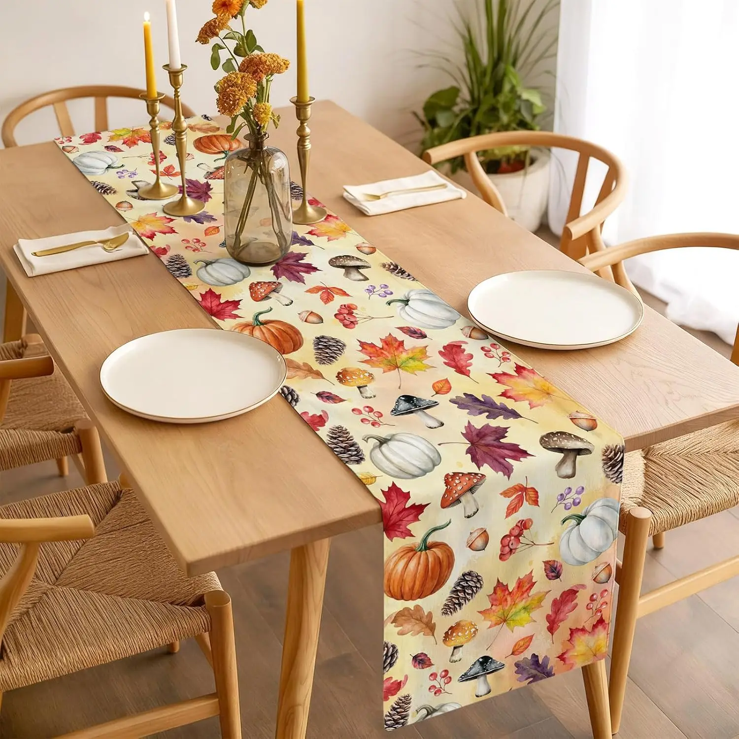 Fall Pumpkin Maple Leaf Mushroom Linen Table Runner Holiday Party Decor Reusable Kitchen Dining Table Runner Autumn Decorations