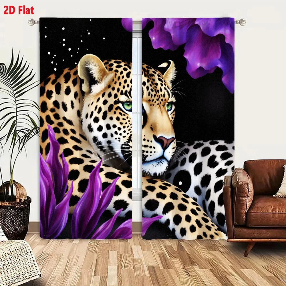 2Pcs Curtains 2D Flat Artistic Whimsical Leopard Digital Illustration with Light Brown White Spots Green Eyes Black Background P