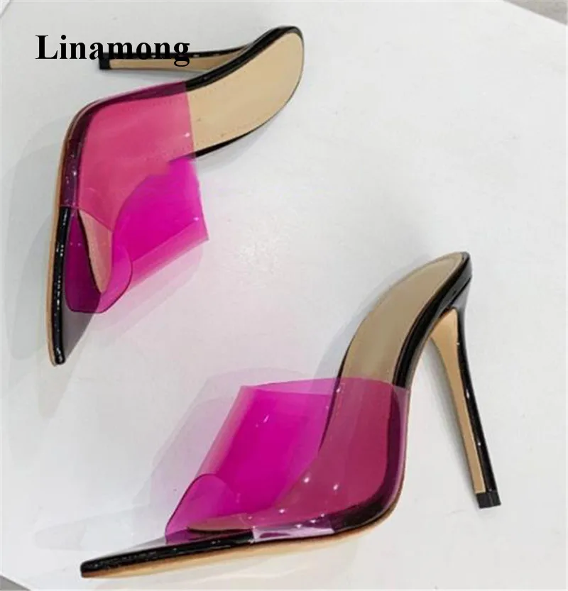 PVC Patchwork รองเท้าแตะ Linamong ชี้นิ้วเท้าเปิดผสมใส-สี Stiletto ส้นรองเท้าแตะสีชมพูสีแดงรองเท้าส้นสูงเซ็กซี่