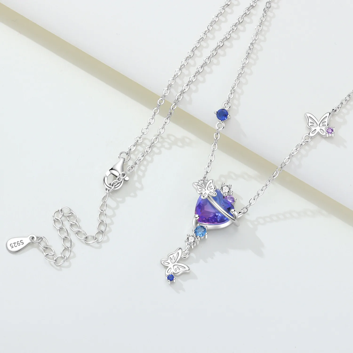 PANPOKI 925 Sterling Silver Colorful Planet Butterfly Droplets Necklace Pendant Necklace for Women Birthday Gifts Fine Jewelry