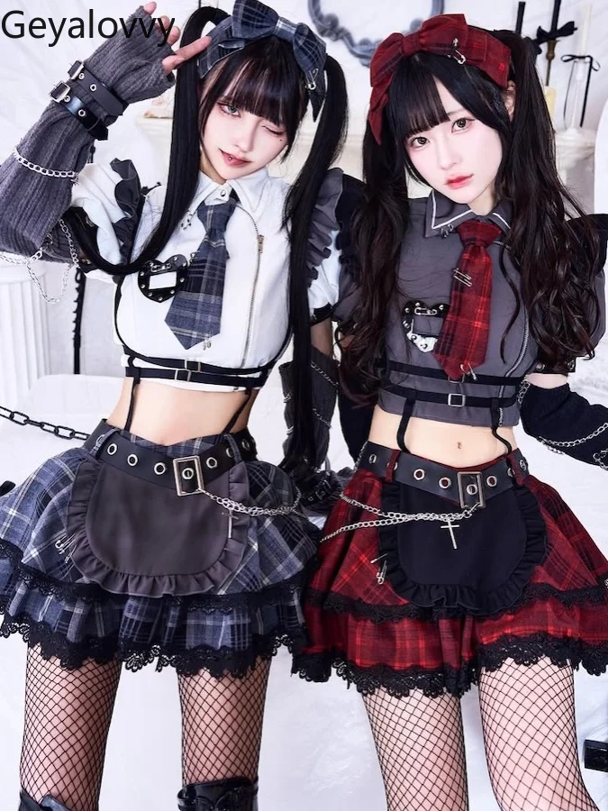 

Gothic Punk Girl Cosplay Suit Chain Oversleeves Sweet Bubble Sleeve Shirt Slimming Top and Plaid College Pleated Short Skirt