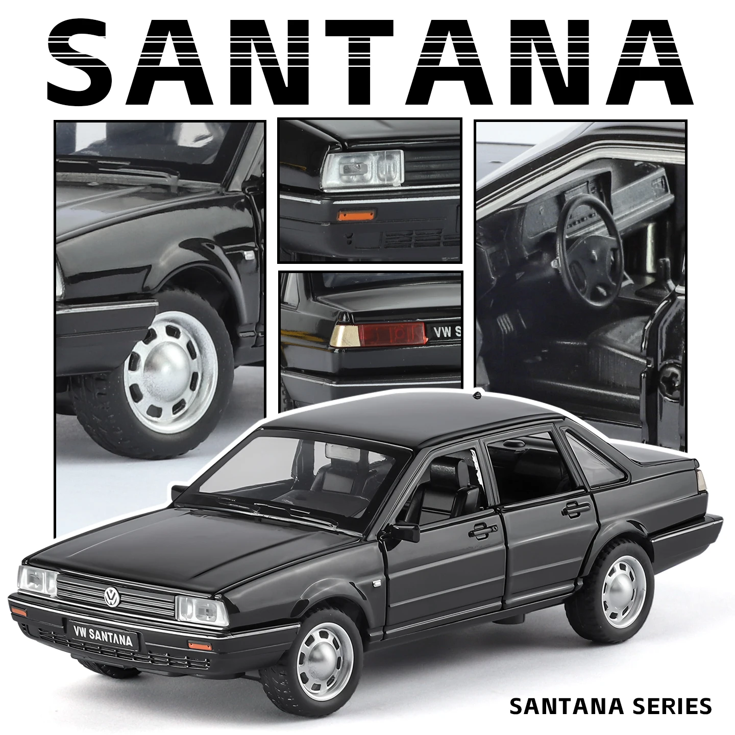 

Моделирование 1:32, модель автомобиля из сплава, Volkswagen Santana, ретро-модель, классический орнамент, звук и свет, детская игрушечная машина, подарок