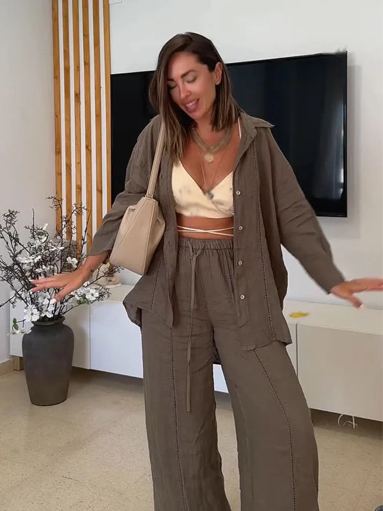 

HH женские брючные костюмы с однотонными лацканами, однобортные полые украшения, повседневная рубашка, топ + высокая талия, веревка, свободные широкие брюки