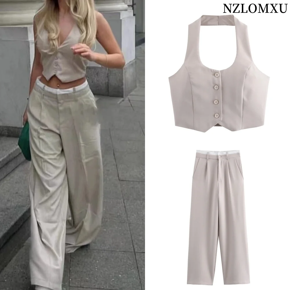

2024 Summer Women Solid Vest Pant Set Female Single Breasted Halter Cropped Vests Top+High Waist Patchwork Trouser Suit