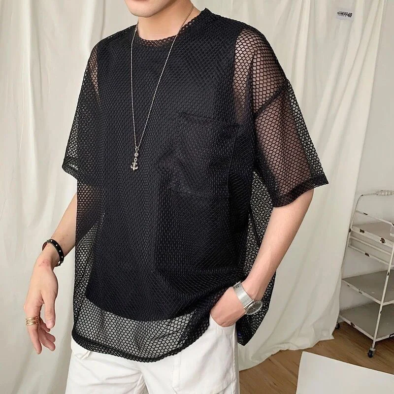 

Summer Hollow Out Grid Short Sleeve Men O Neck T Shirt Fashion Hip Hop Punk 2xl Oversized Clothes Nightclub Bar Black Streetwear