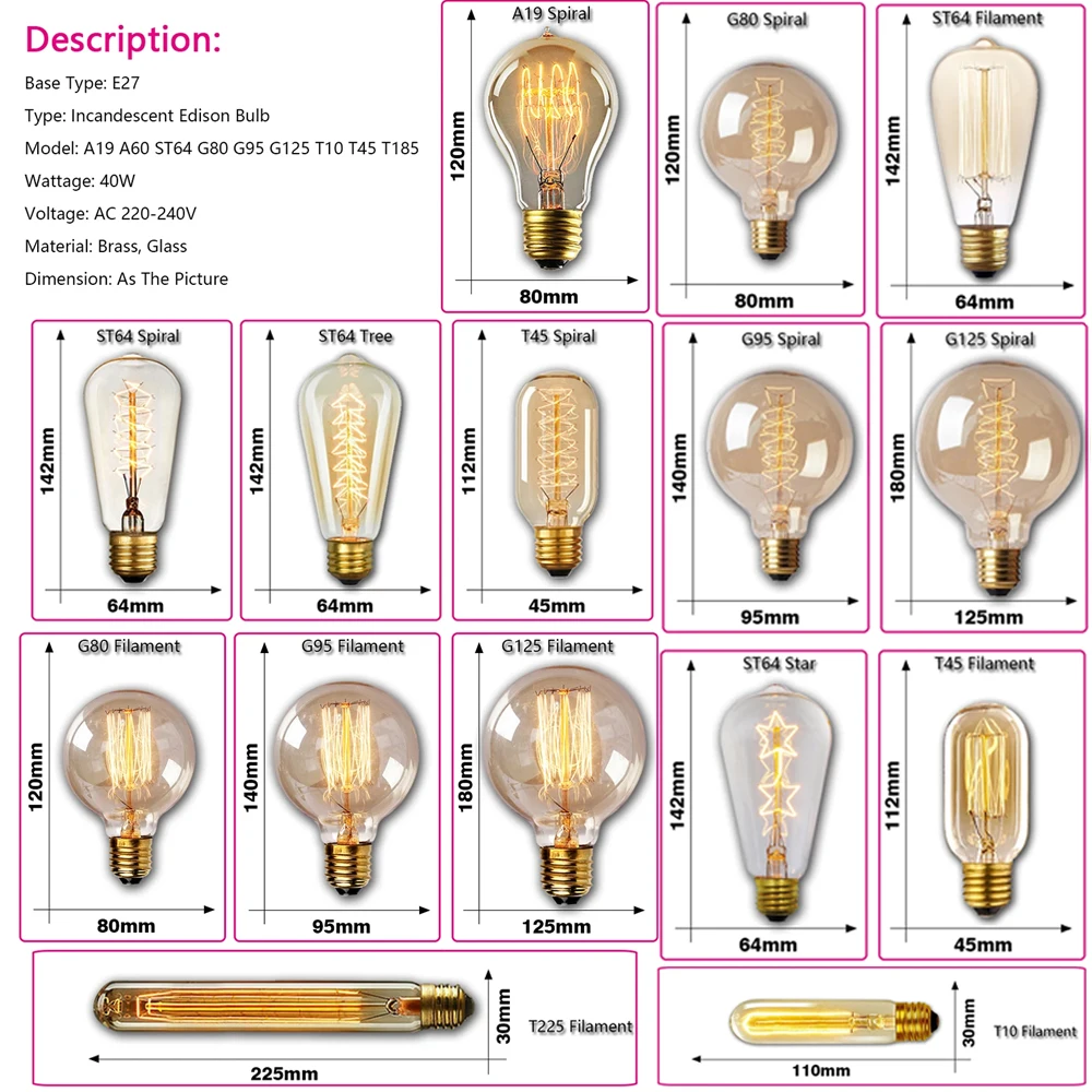 E27 Dimmable Retro Edison Light Bulb 40W 220V Vintage Industrial Filament Bulb Lamps For Home Decora T45 T185 G80 G95 ST64 A60