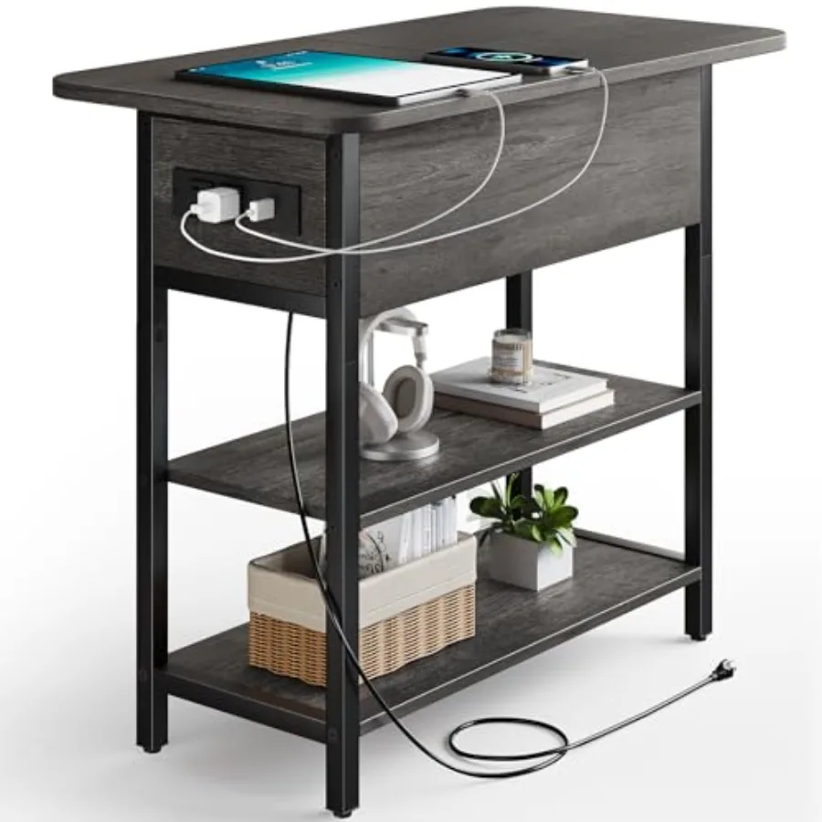 

End Table with Charging Station for Living Room Bedroom, Wood Finish, Black, Flip Top Design with 2 USB Ports and 1 AC Outlet,