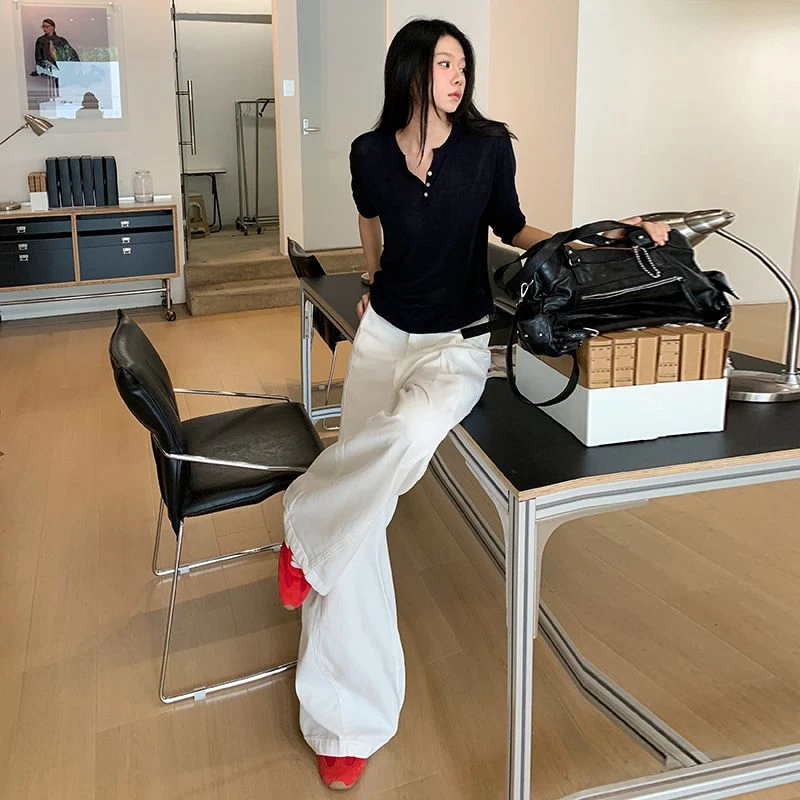 ZHISILAO New White Wide Leg Flare Cargo Jeans Donna Vintage Casual Piano Lunghezza Pantaloni in denim Streetwear 2025 Estate