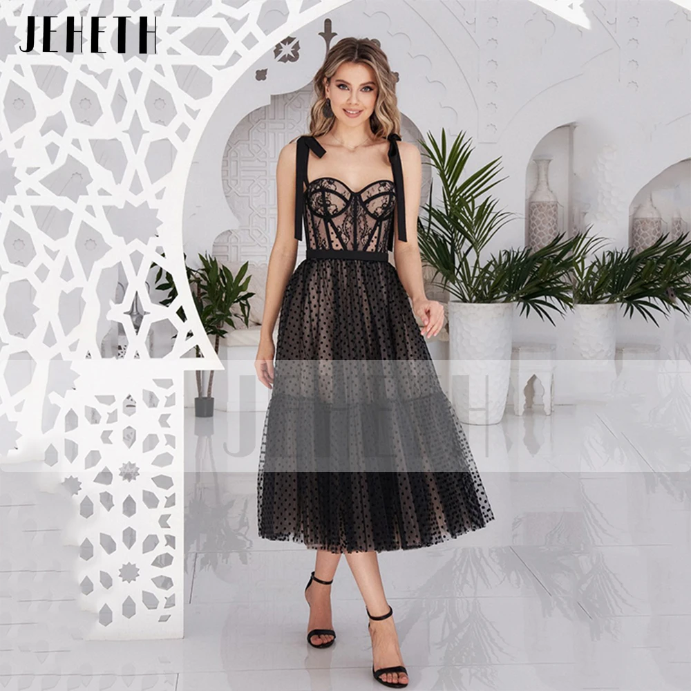 JEHETH Black Polka Dots Prom Dress For Women Tulle Open Back Bow Straps Lace Sweetheart A Line Evening Party Dresses Tea Length