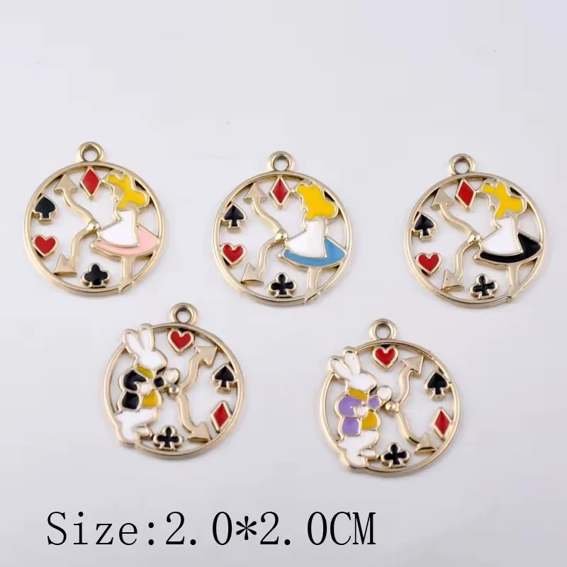 10pcs Handmade Diy Alice In Wonderland Charms, Poker Playing Card Clock Bunny Rabbit Pendants Round Enamel Earrings Accessories