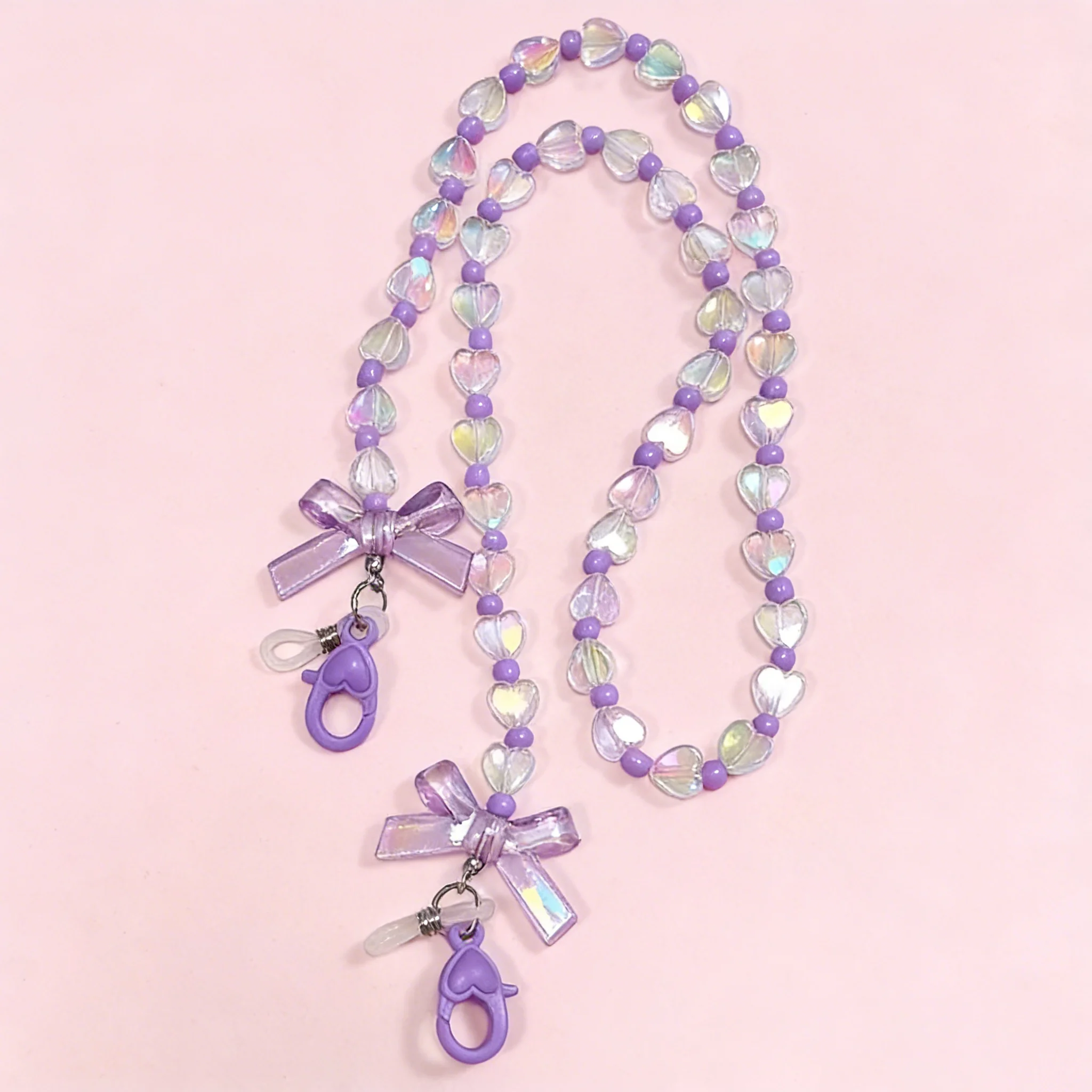 Purple peach heart handmade bead glasses chain short multi-functional hat, headphone, mask hanging neck, anti slip and anti loss